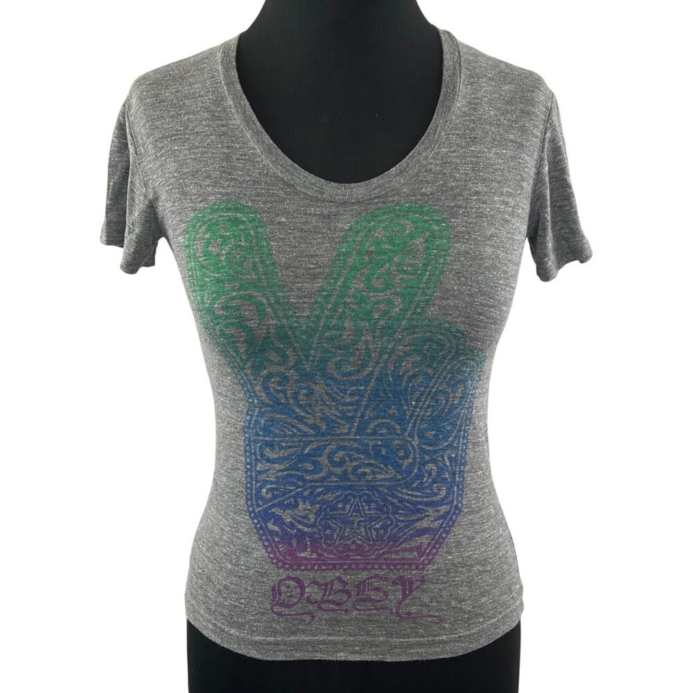Y2K OBEY Gray Ombre Peach Sign Short Sleeve Top XS